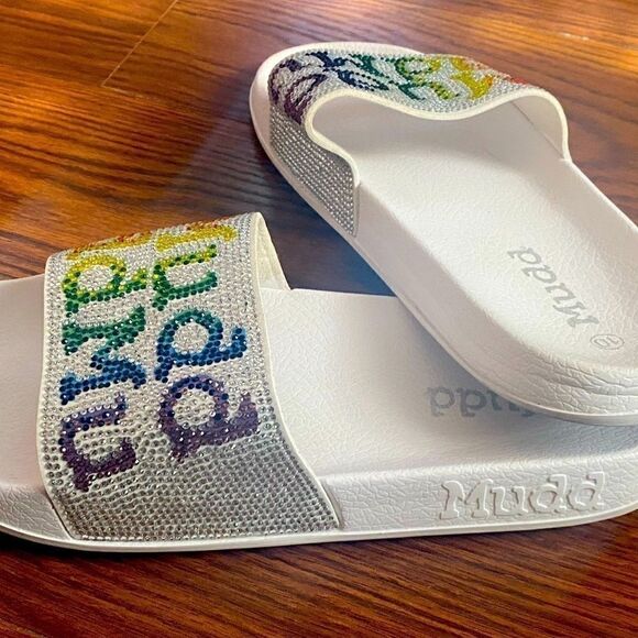 MUDD Designer Slip On Sandals Rainbow Sparkly Gems - Picture 4 of 4